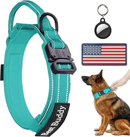 AUBELL Reflective Tactical Dog Collar,Adjustable Military Heavy Duty K9 Collars with Handle and Quick Release Metal Buckle Great for Medium Dogs, with Airtag Case and 2 Patches (Teal,M)