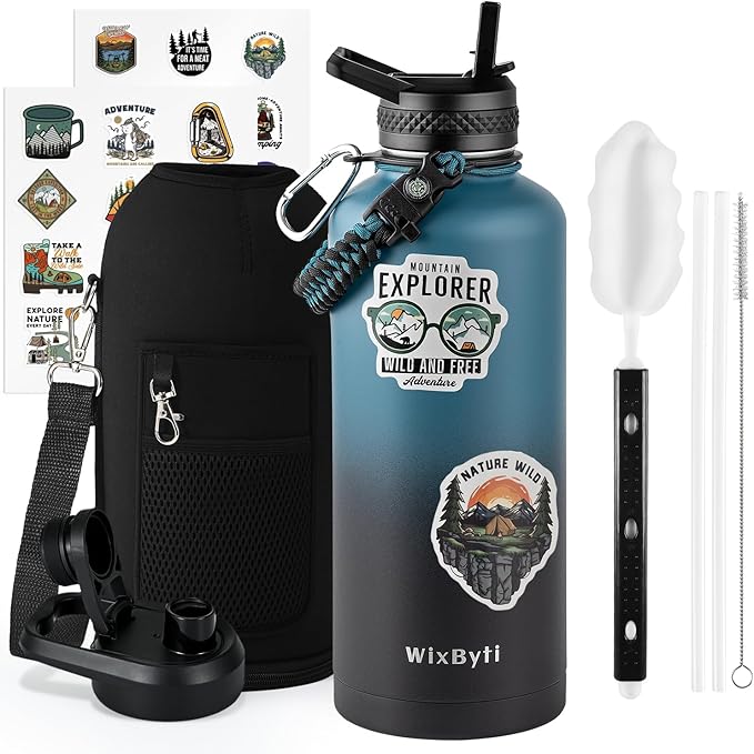 87 oz Insulated Water Bottle with Straw (Cold for 48 Hrs), Half Gallon Stainless Steel Triple Wall Vacuum Sports Water Jug, Leakproof Hydro Cup Flask with Straw Spout Lids & DIY Stickers