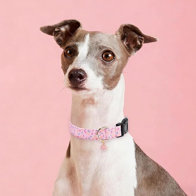 Cotton Dog Collar,Adjustable Cute Puppy Collar with Moon Patterned Design for Small Medium Large Dogs,Soft and Fancy Pet Collar with Safety Buckle for Girl Boy Dogs (Pink Doughnut, Medium)