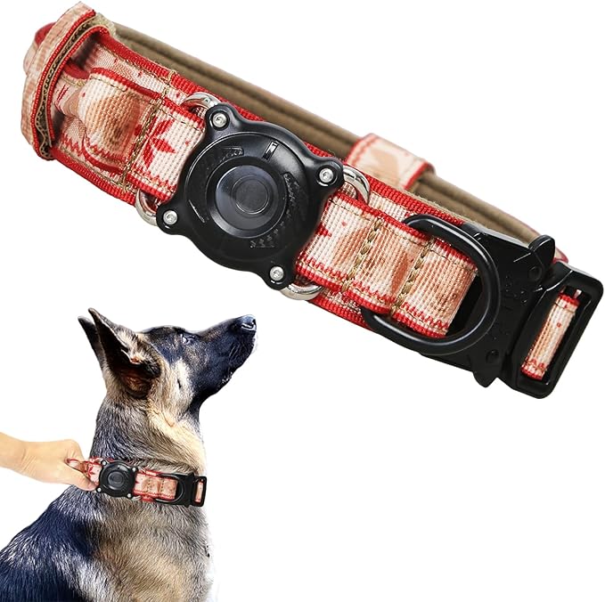 Christmas Tactical Dog Collar with Airtag Holder Waterproof Dog Airtag Collar with Control Handle Adjustable Heavy Duty Dog Collars(Christmas Red，XXL