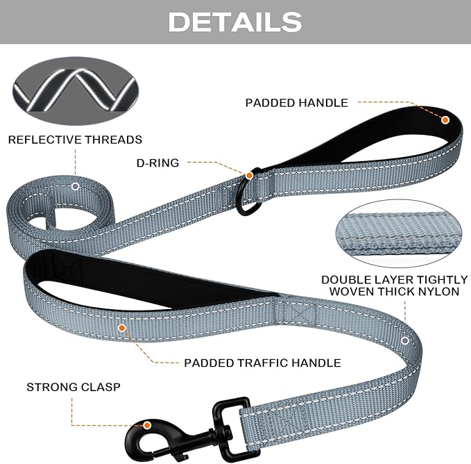 Joytale Dog Leash Heavy Duty for Large Dogs That Pull, Double Handle for Traffic Control, Double-Sided Reflective Leashes for Large Medium Dogs Night Safety, 5FT, Gray