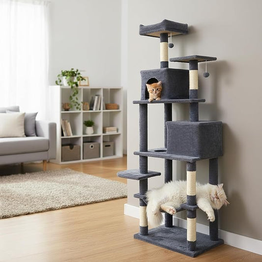 Tangkula Cat Tree for Indoor Cats, 75 Inch Extra Tall Cat Tower with Sisal Scratching Post, Padded Top Perch, Dual Condos, Hammock, 2 Dangling Balls, Platforms, Multi-Level Cat Climbing Furniture