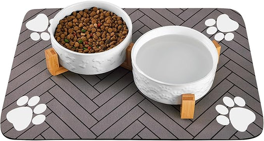 Dog Bowls Set with Wood Stand & Mat Waterproof, 3.5 Cups Ceramic Dog Bowls Elevated for Medium Dogs, Dual Food and Water Bowls with Weighted Non-Slip Base 28.7 OZ