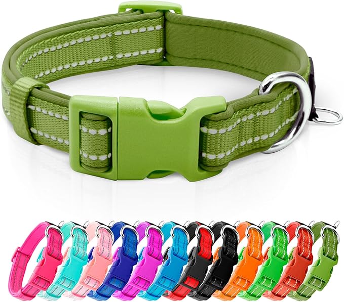 azuza Reflective Dog Collar, Soft Neoprene Padded Pet Collar with ID Tag Ring, Adjustable for Medium Dogs,Army Green,M