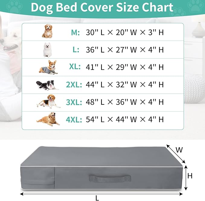 COSHNIBI Dog Bed Covers Replacement Washable,Waterproof Dog Bed Cover with Zip and Carry Handle for Dog/Cat 44''Lx32''Wx4''H-Grey