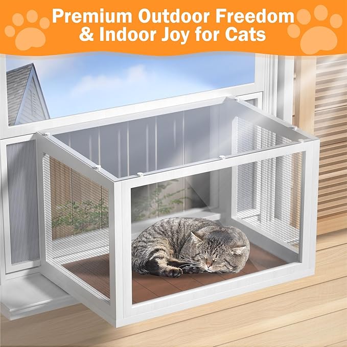 Cat Window Box Catio, Clear Acrylic Outdoor Cat Enclosure, Expandable Universal Cats Window Perch (25.4"-43.3"), Weatherproof & Easy-Install Kitty Balcony for Sunbathing & Birdwatching (Walnut)