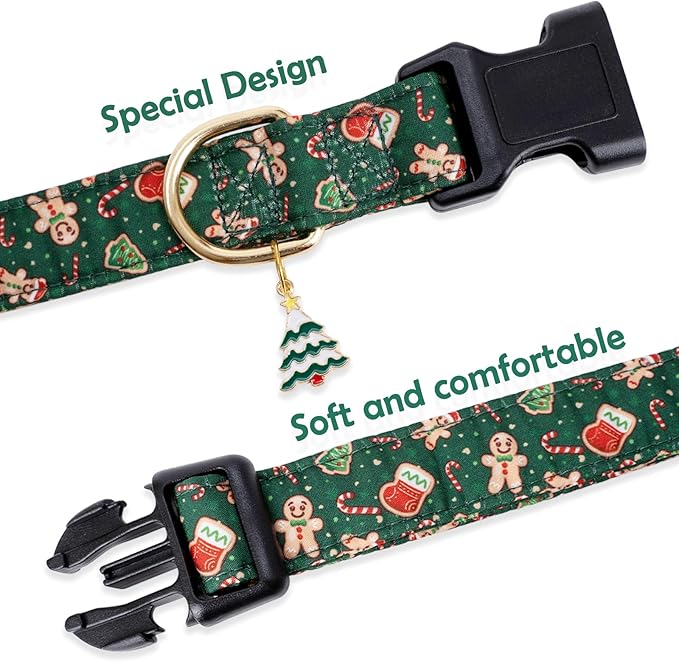 Faygarsle Green Dog Collar Christmas Design Gingerbread Man Pattern for Small Medium Large Dogs Collar Cute Stylish Girl Boy Christmas Dog Collar L