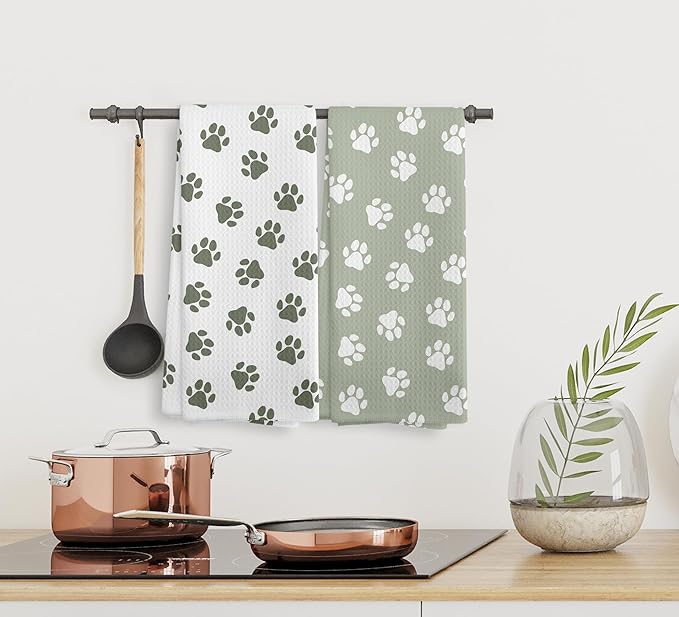 Dog Paws Dish Towel, Sage Green Kitchen Towels and Dishcloths Set of 2, Green and White Hand Towels for Bathroom, Dog Print Kitchen Towel Decorative, Cute Dogs Paw Gifts for Dogs Lovers,16×24In