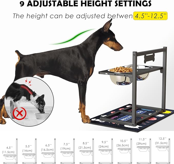 9 Height Adjustable Dog Bowl Stand with Two 1.7L Stainless Steel, Slow Feeder Bowls and Nonslip Pad, Perfect for Medium and Large Dogs