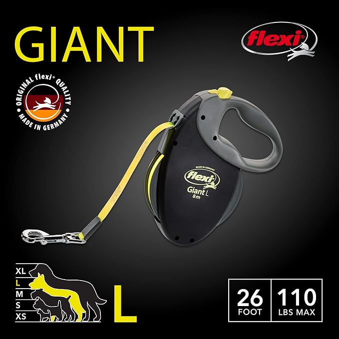 FLEXI Giant Tape Retractable Dog Leashes for Large Dogs Upto 110 lbs. – 26 ft., Black | Tangle Free Pet Walking Leash with One-Handed Brake, Pause, Lock | German Quality Product