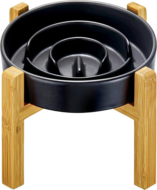 Ceramic Slow Feeder Dog Bowls Elevated, 2.0 Cups Slow Feeder for Medium Dogs, Puzzle Maze Bowl to Slow Down Eating, 30oz, 8in, Black