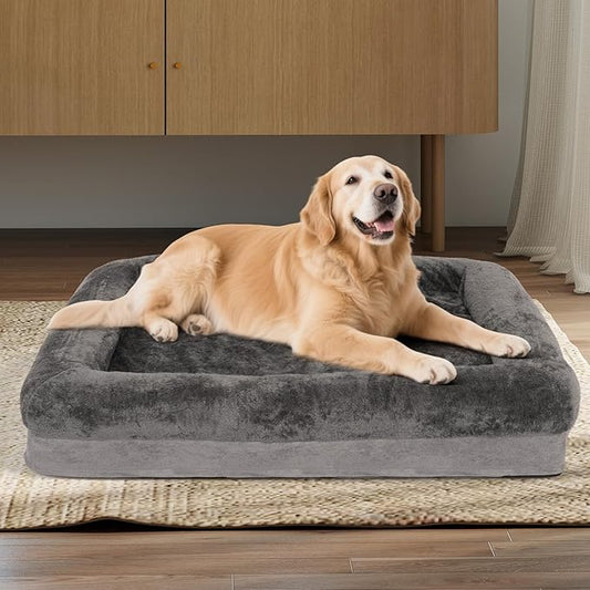 Dog Beds Waterproof Medium/Large Sized XL Foam Pet Beds Removable Washable Cover Dog Sofa Egg Crate Foam Support with Zipper Bottom Bolster Deluxe Plush Mat (Grey+34.6x26x7.5in)