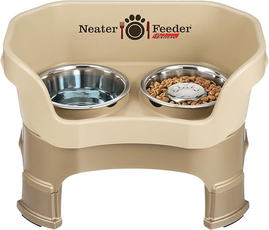 Neater Feeder Deluxe Mess Proof Dog Bowls Elevated for Medium Sized Breeds – Made in USA – No Spill Raised Slow Feeder Elevated Dog Bowl Stand w/Leg Extensions, Food and Water Bowl Set, Cappuccino