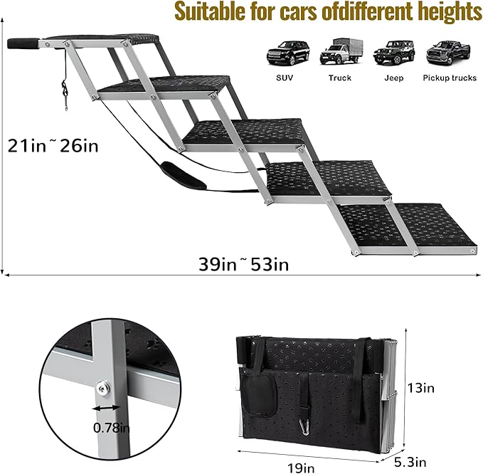 Extra Wide Dog Stairs for Car - Foldable Ramps with Non Slip Surface, Portable Steps for Cars, SUVs, Trucks, Supports Up to 250 Lbs