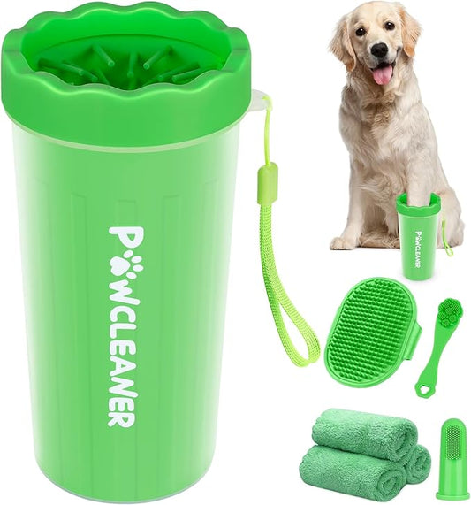 Professional 7 in 1 Dog Paw Cleaner for Dogs & Cats - Includes 1 Portable Paw Washer, 1 Bath Brush, 2 Dog Toothbrushes and 3 Absorbent Towels Note: Fits Paws 2.5 to 3.5 Inches Wide (Large, Green)