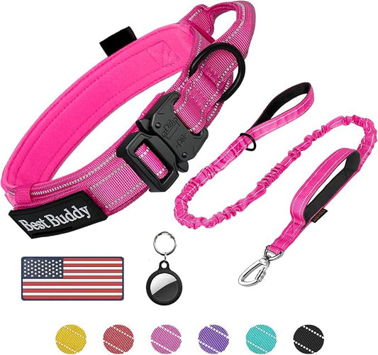 AUBELL Tactical Dog Collar and Leash Set, Reflective Adjustable Heavy Duty Military K9 Collars with Handle and Metal Buckle for Extra Large Dogs, with Airtag Case and 2 Patches(Pink,XL)
