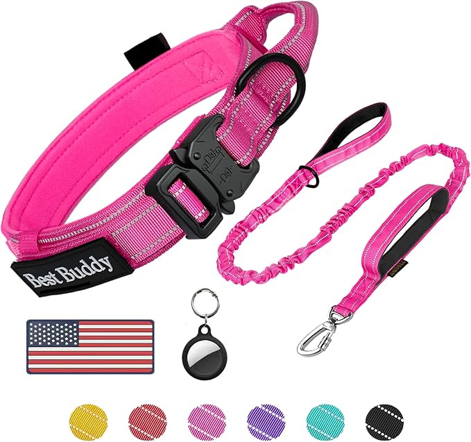AUBELL Tactical Dog Collar and Leash Set, Reflective Adjustable Heavy Duty Military K9 Collars with Handle and Metal Buckle for Large Dogs, with Airtag Case and 2 Patches(Pink,L)