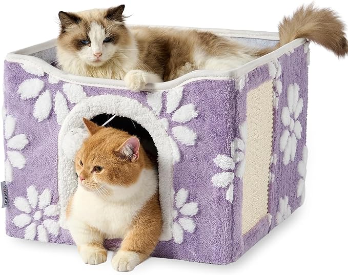 Cat Houses for Indoor Cats, Cute Cat Cave with Fluffy Ball Hanging and Scratch Pad, Foldable Kitten Condo Hideaway, 17x17x13 inches, Purple Flower