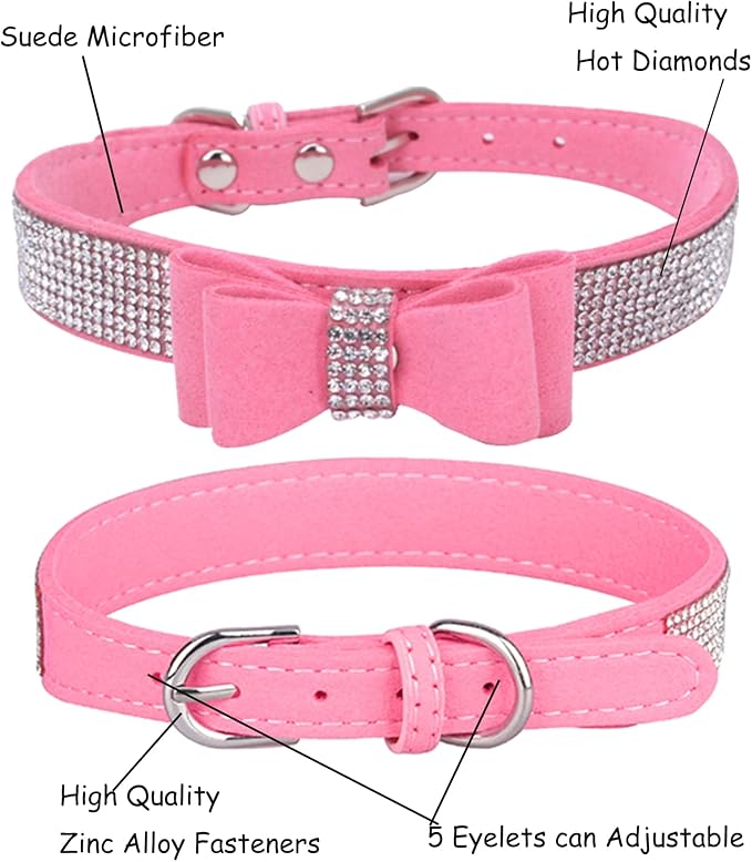 Bling Dog Collar for Small Medium Large Dogs, Crown Rhinestone Dog Collars for Girl and boy Dog, Diamond Puppy Collars, Adjustable Leather Suede SOFE Cat Collar (M(13"-15.4"/33CM-39CM), Pink3)
