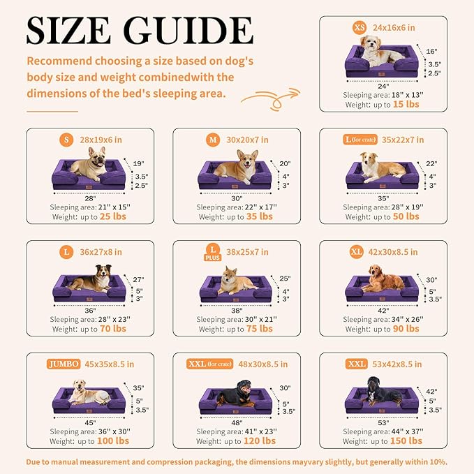 Comfort Expression Orthopedic Dog Bed for Medium Dogs 30x20 Inch, Waterproof Egg Crate Foam Medium Pet Bed with Removable Bolsters, Dog Couch with Washable Cover & Non-Slip Bottom, Deep Purple