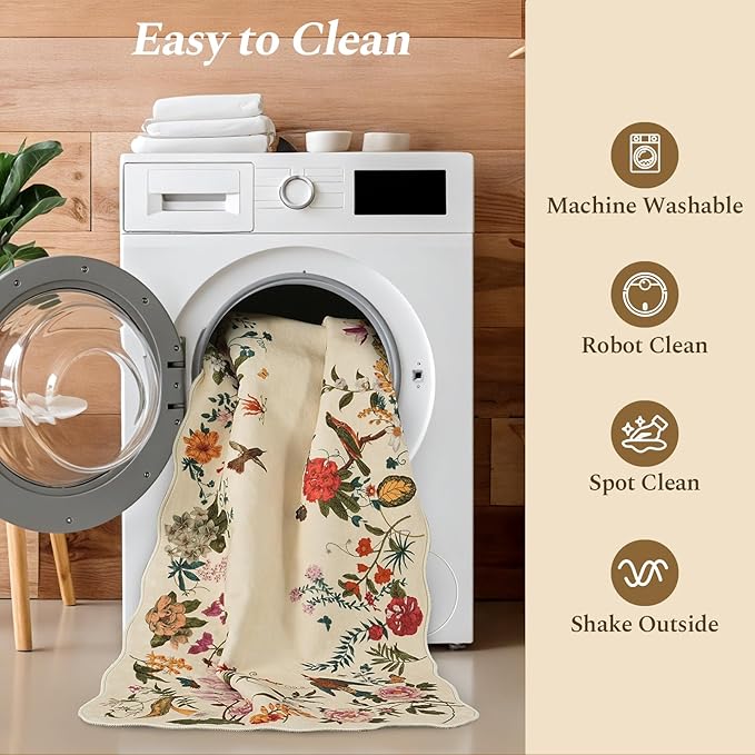 Rugflix 5x7 Floral Area Rug for Living Room, Bedroom, Machine Washable Rugs with Non-Slip Backing, Indoor Low Pile Carpet for Dining Room, Nursery, Kids Pet Friendly