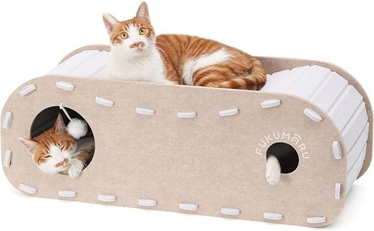 FUKUMARU Cat Beds for Indoor Pets, 31.5 Inches Extra-Large Cat Cave for Multi-Pet, Cozy House with Fluffy Ball Hanging, Scratch Resistant Felt Kitten Hideaway Bed, Feline Tunnel, Beige