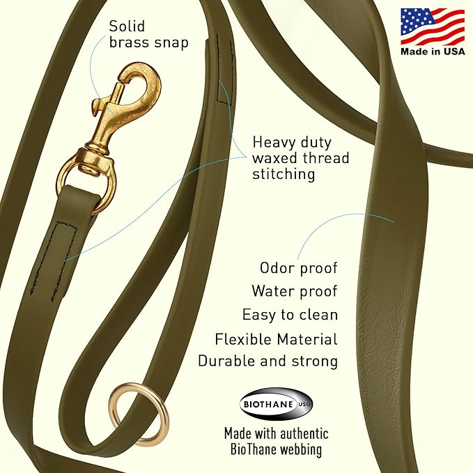 Viper Biothane K9 Working Dog Leash Waterproof Lead for Tracking Training Schutzhund Odor-Proof Long Line with Solid Brass Snap for Puppy Medium and Large Dogs 6ft, Olive Drab Green