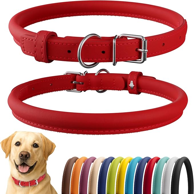 CollarDirect Rolled Leather Dog Collar, Soft Padded Round Puppy Collar, Handmade Genuine Leather Collar Dog Small Large Cat Collars 13 Colors (18-22 Inch, Red Smooth)