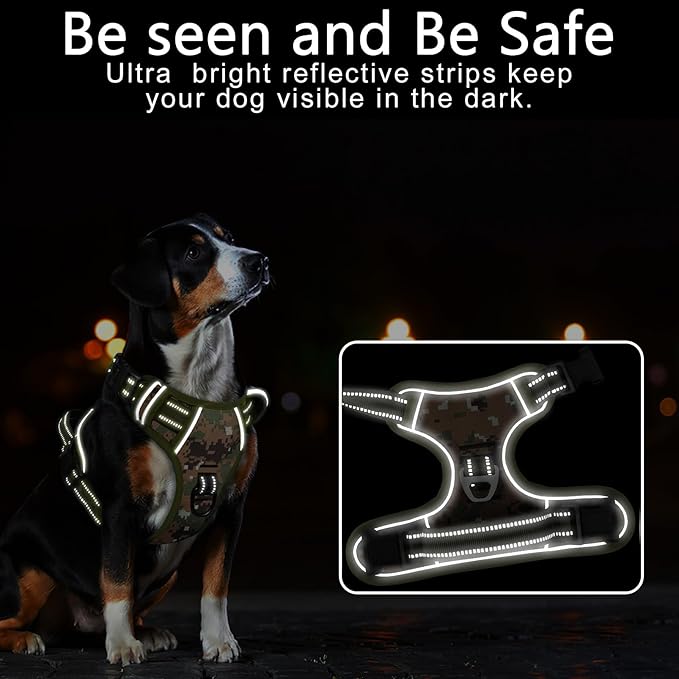 Timos Dog Harness Large Sized,No Pull Dog Harness Adjustable Metal Rings 3 Buckles,Reflective No Choke with Easy Control Handle for Large Dogs,Military Green XL
