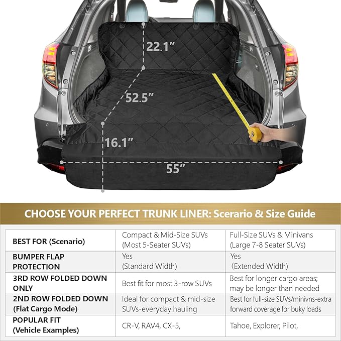 F-color SUV Cargo Liner for Dogs, Heavy Duty Water Resistant Pet Cargo Cover Dog Seat Cover Mat for Mid-Size SUVs Sedans Vans with Bumper Flap Protector, Non-Slip, Standard Size Universal Fit, Black
