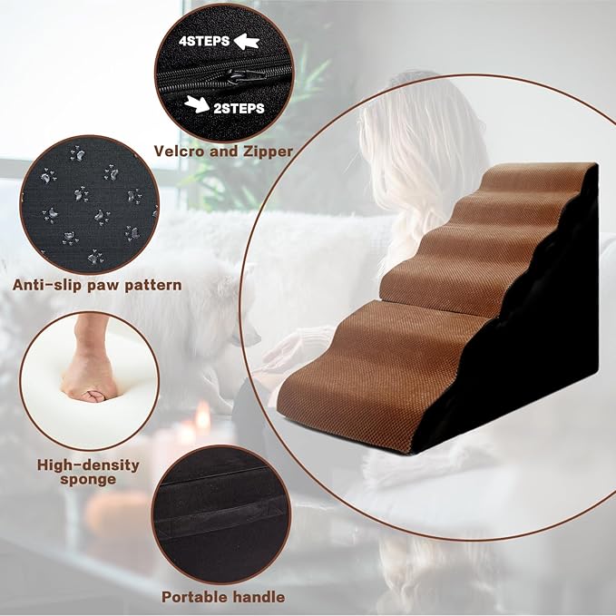Dog Steps for High Beds 30-32" H - 6-Step Dog Stairs for Small Dogs, 33D Foam Pet Steps for High Bed with Non-Slip Bottom and Washable Cover, Dogs Ramp for Bed Indoor, Brown