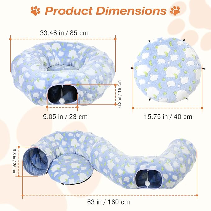 Cat Tunnels for Indoor Cats, 35'' Plush Cat Tunnel Bed with Playful Ball and Circle Cushion, Multifunctional Peekaboo Cat Cave, Interactive Toy Gift for Cats, Kittens, Rabbits, Blue&Cloud
