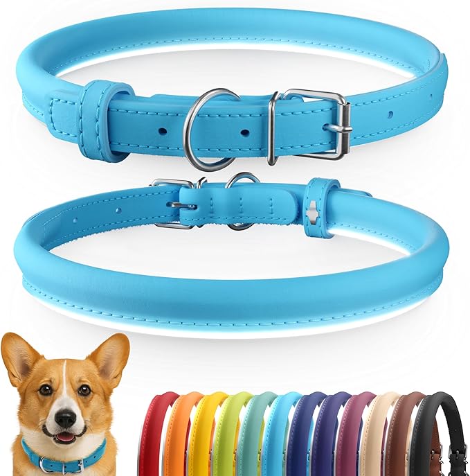 CollarDirect Rolled Leather Dog Collar, Soft Padded Round Puppy Collar, Handmade Genuine Leather Collar Dog Small Large Cat Collars 13 Colors (11-14 Inch, Light Blue)