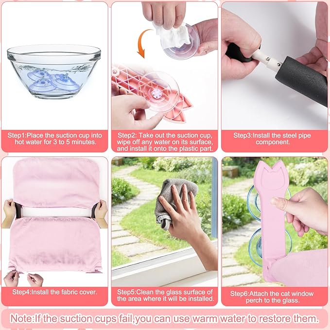 2 Pack Cat Window Perch,Cat Window Hammock Cordless Foldable Window Bed with 4 Large Strong Suction Cup,Reversible Cushion Cover,Metal Frame Easy to Adjust Window Seat Holds up to 40lbs(Pink，M)