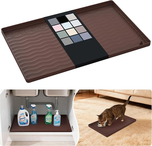 URMONA 19'' x 12'' Waterproof Silicone Under Sink Mat Cabinet and Counter Protector, Shelf Liner for Kitchen and Bathroom, Storage and Organizers, Litter Mat, Pet Cat Puppy Essentials（Brown）