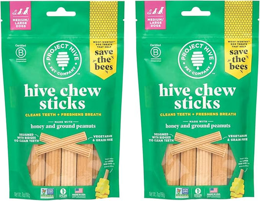 Natural Dental Treats for Dogs 2 Pack - Healthy, Non-GMO Project Verified, Natural Peanut Butter Flavored, Vegetarian Chews, Made in The USA (Chew Sticks, Large Breeds)