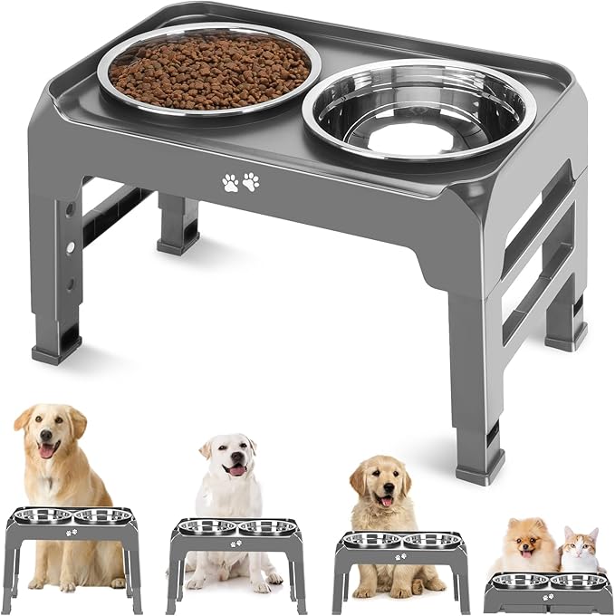 Elevated Bowls, 4 Height Adjustable Raised Stand With 2 Thick 50oz Stainless Steel Food Bowls, Non-Slip Feeder for Large Medium Dogs, Adjusts to 3.7", 9.2", 10.75", 12.36" Grey