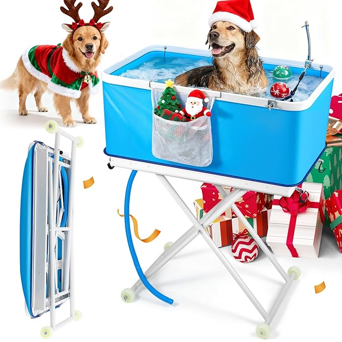 Foldable Dog Bathing Tub with Wheels, Adjustable Height 0-26.8" Pet Wash Station, Portable Dog Bath Tub for Large Dogs Up to 90lbs, with Drain & Storage Bag