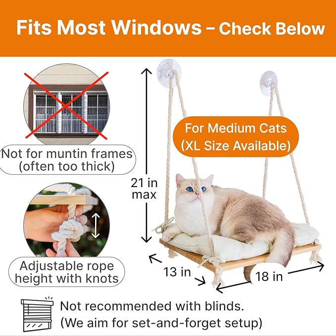 Cat Window Perch with Industrial-Grade Suction Cups - Solid Pine Wood Hammock Bed, Soft Cushion - 42 lb Capacity for Cats Inside