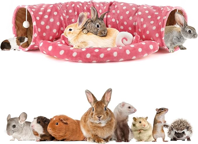 BWOGUE Bunny Tunnel Bed, 2-in-1 Collapsible Tunnel Tubes Toys with Removable Mat Hideout for Cats Kittens Rabbits Guinea Pigs Kitty