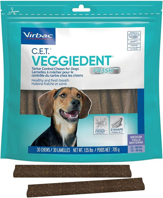 Virbac C.E.T. VEGGIEDENT FR3SH Tartar Control Chews for Dogs with digestive health support, VOHC Approved, Medium 22-66lbs
