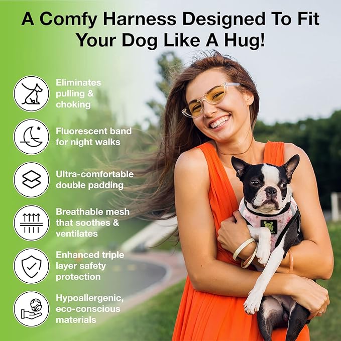 EcoBark Step in Dog Harness - Eco-Friendly Dog Harnesses for Small and Medium Breed Dogs - Reflective and Adjustable Body Halter Vest - Soft Mesh Toy Breed Harness (Floral, Large)