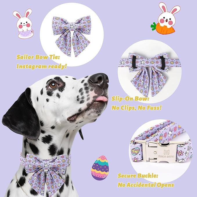 Maca Bates Easter Day Egg Dog Collar with Sailor Bow Tie for Extra Large Girl Boy Dogs, Purple Cute Bunny Rabbit Pattern,Adjustable Durable Soft Breakaway Collars for Male Female Puppy
