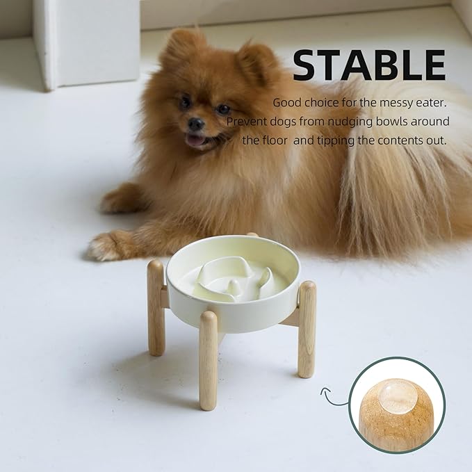 Ceramic 0.9 Cup Raised Dog Slow Feeder Set, Elevated Bowl with Wooden Stand for Small Dog and Cat, 6.1inch Puzzle Slow Dog Food Dish, Anti-Gulping(Beige, Single Bowl+ Stand)