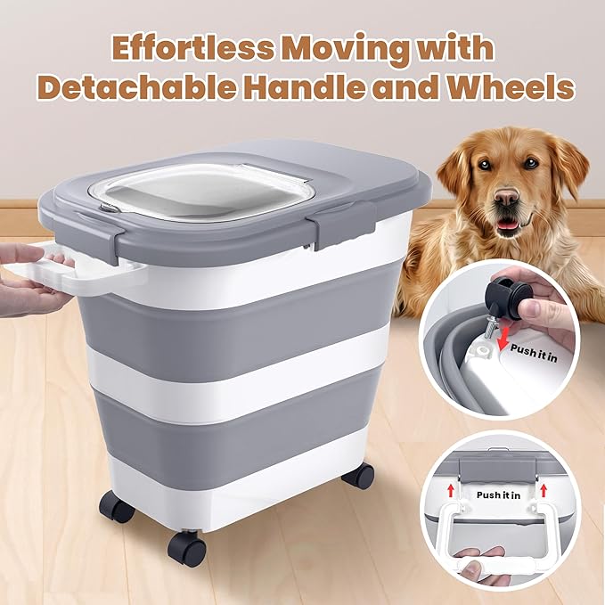 23-25 Lbs Airtight Dog Food Storage Container,Collapsible Dog Food Container with Lid,Wheels,Handle,Large Pet food storage Container with Scoop,Small Food Container for Dog Cat