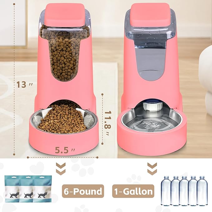 Automatic Cat Feeder and Water Dispenser with Stainless Steel Bowl Dog Gravity Food Feeder and Waterer for Small Medium Pets Puppy Kitten 1 Gallon x 2