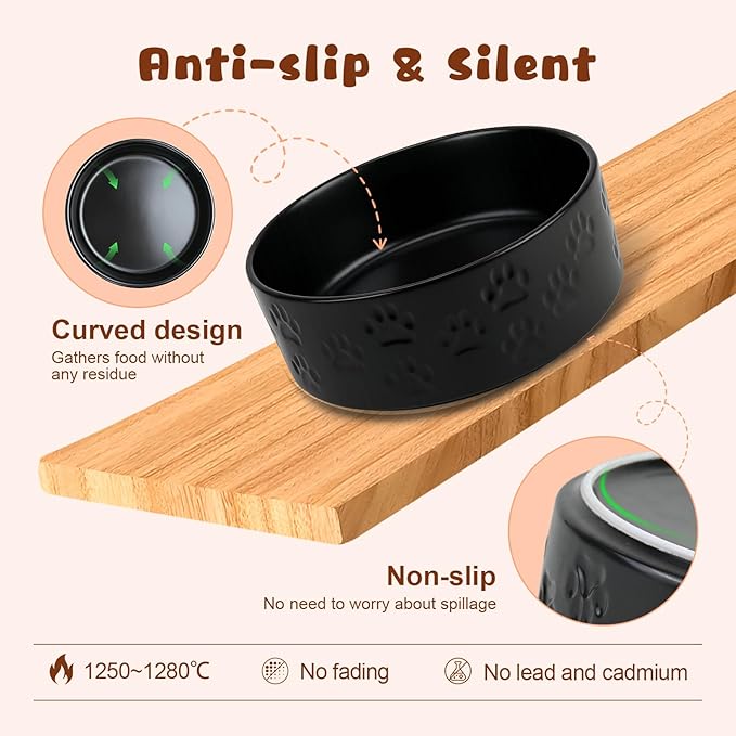 SPUNKYJUNKY Ceramic Elevated Dog Bowl Set with Acacia Wood Stand for Food and Water for Medium Dogs (42.27 OZ, Black, Dog Paw Pattern)