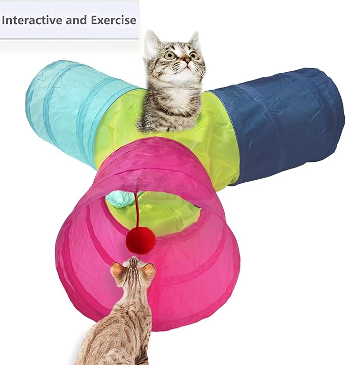 Cat Tunnel Tube Toys，Tunnels for Indoor Cats, 3 Way Colorful Collapsible Interactive Toy with Balls for Rabbits, Kittens, Ferrets, Puppy