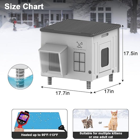 Plastic Heated Cat House for Outside Winter, Elevated Feral Cats Shelter 100% Weatherproof & Insulated with Safe Escape Door, Outdoor Cat House with Heated for Stray Kitty Grey 17.7"X17"X17.5"