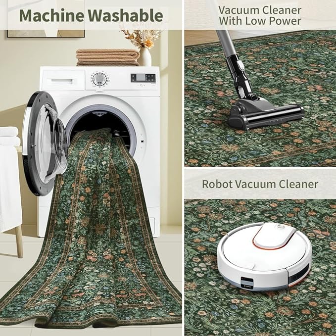 4x6 Area Rugs for Living Room Bedroom, Large Washable Rug, Green Vintage Floral Boho Rug, Non Slip & Low Pile Wool Accent Carpet for Indoor Dining Room, Kids Room and Office(Green 4x6ft)